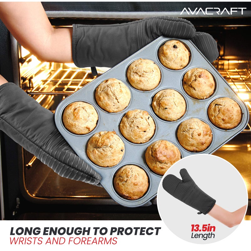 AVACRAFT Oven Mitts Pair, Flexible, 100% Cotton with Unique Heat Resistant Food Grade Silicone, Thick Terry Cloth Interior, 500 F Heat Resistant (Grey Oven Mitts) - Image 4